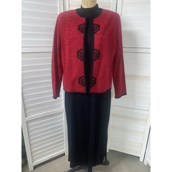80s 90s Koret 2 Piece Maxi Dress & Jacket Knit Set Black Red Size Medium - Picture 1 of 9
